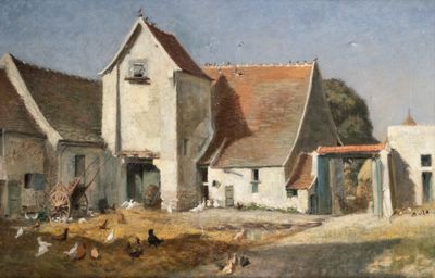 tableau représentant une cour de ferme avec des poules au premier plan