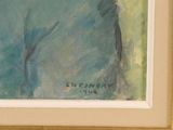 portrait of a woman in a blue dress by a painting of a tree