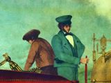 a painting of a man in a green coat and a woman in a red car