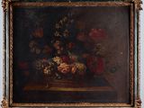 tableau représentant une nature morte composée de fleurs dans un panier posé sur une table