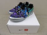 purple and black nike shoes on a white box on a table