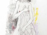 drawing of a woman in a dress with a hat and a purse