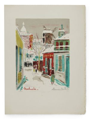 une image représentant une peinture d'une scène de rue avec des bâtiments et des personnages