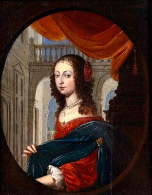 portrait of a lady in a red dress with a blue shawl