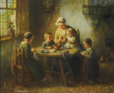 tableau représentant une femme assise à une table avec des enfants en train de manger