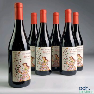 six bottles of red wine are lined up in a row