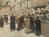 painting of a group of men standing in front of a stone wall