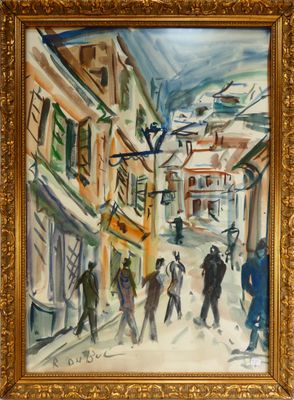 une peinture à l'huile représentant des personnes marchant dans une rue d'une ville