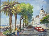 an image of a painting of a city street with palm trees