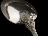 a silver spoon with a flower on it on a black background