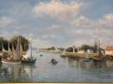 a painting of boats on the water in a harbor