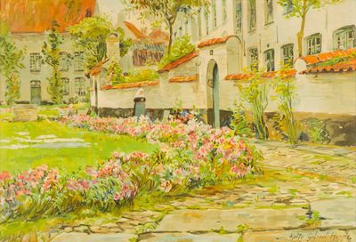 un tableau représentant un jardin avec des fleurs et un bâtiment en arrière-plan