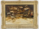 an oil painting of a snowy road with houses in the background