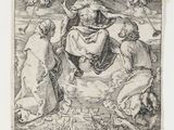 dessin représentant Jésus sur la croix, entouré d'anges et d'anges