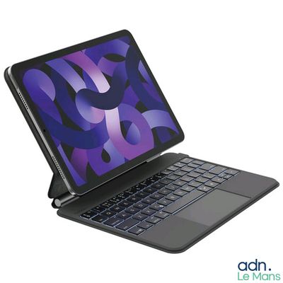 a black laptop with a blue keyboard on a white background