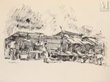 dessin représentant un groupe de personnes debout devant une cabane