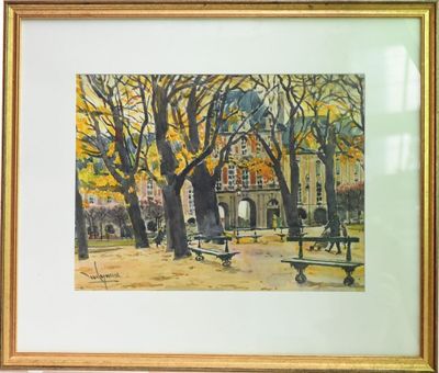 une photo d'un tableau représentant un banc dans un parc