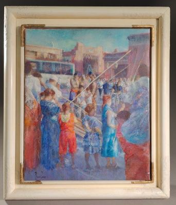 une peinture à l'huile représentant un groupe de personnes dans une rue
