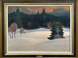 une peinture à l'huile représentant un paysage enneigé avec des arbres au premier plan