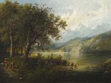 peinture représentant un paysage avec une rivière et des montagnes en arrière-plan