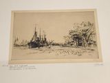 drawing of a boat in a body of water with a tree in the foreground