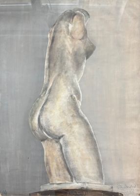 un tableau représentant une femme nue debout sur un tabouret