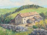 a painting of a house in the middle of a field