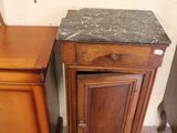 two wooden cabinets with marble tops in a room