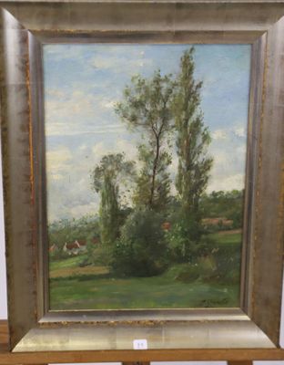tableau représentant un champ avec des arbres et une maison au loin