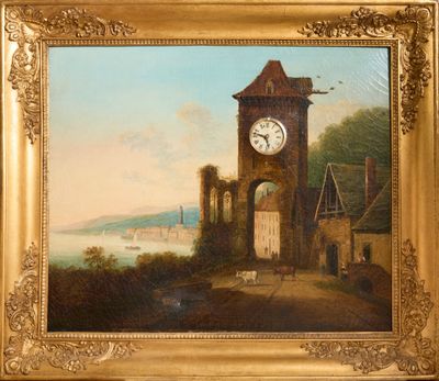 Tableau horloge ‘l’entrée au port’.78.5 x 68 (accidents)