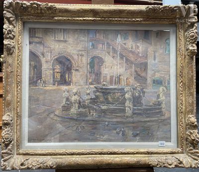 une photo d'un tableau représentant une fontaine au milieu de la rue