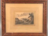 a framed picture of a landscape with a river in the foreground