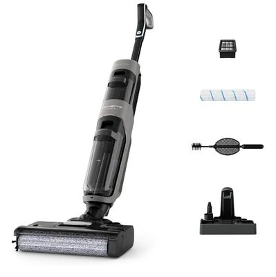 On voit ici une photo d'un aspirateur sans fil avec tous ses accessoires