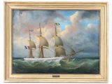 une peinture à l'huile représentant un navire en mer, arborant un drapeau
