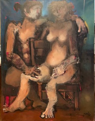 une peinture à l'huile représentant deux nus assis sur une chaise en bois