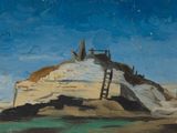 une image représentant un tableau d'une plage avec une échelle au premier plan