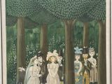 tableau représentant un groupe de personnes dans une forêt avec des arbres