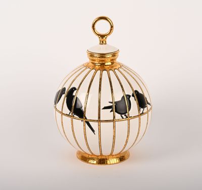 une cage à oiseaux contenant des oiseaux, posée sur une surface blanche