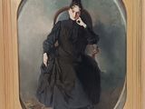 painting of a woman in a black dress sitting in a chair
