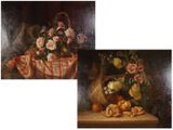 deux tableaux représentant des fleurs et des fruits posés sur une table, avec un panier d'oranges