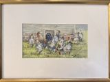 tableau représentant un groupe de poulets dans un champ, avec une grange en arrière-plan