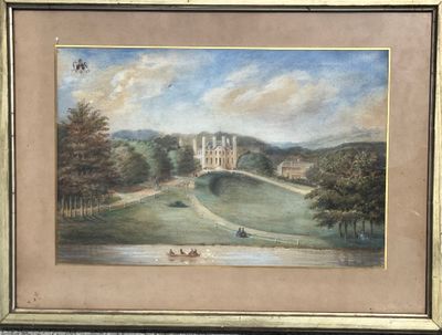 tableau représentant un château au loin, avec des personnes sur un bateau au premier plan