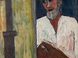 tableau représentant un homme tenant un livre devant une fenêtre
