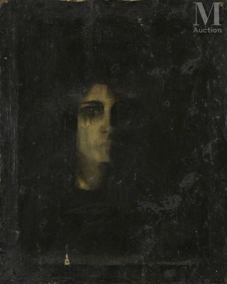 a painting of a man ' s face in a black frame