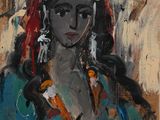 une peinture à l'huile représentant une femme portant une coiffe et un voile rouge
