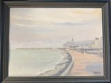 an oil painting of a beach scene with people walking along the shore