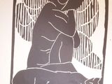 a black and white drawing of a woman sitting on a bed