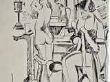 an image of a black and white drawing of two women sitting at a table