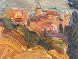 an oil painting of a landscape with trees and buildings in the distance
