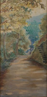 une peinture à l'huile représentant une route de campagne avec des arbres en arrière-plan